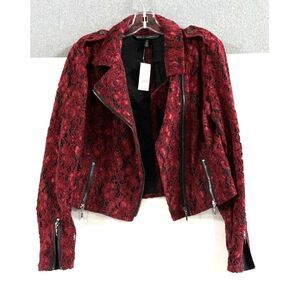 NWT White House Black Market Lace Zipper Moto Jacket Sangria Red Color Size M